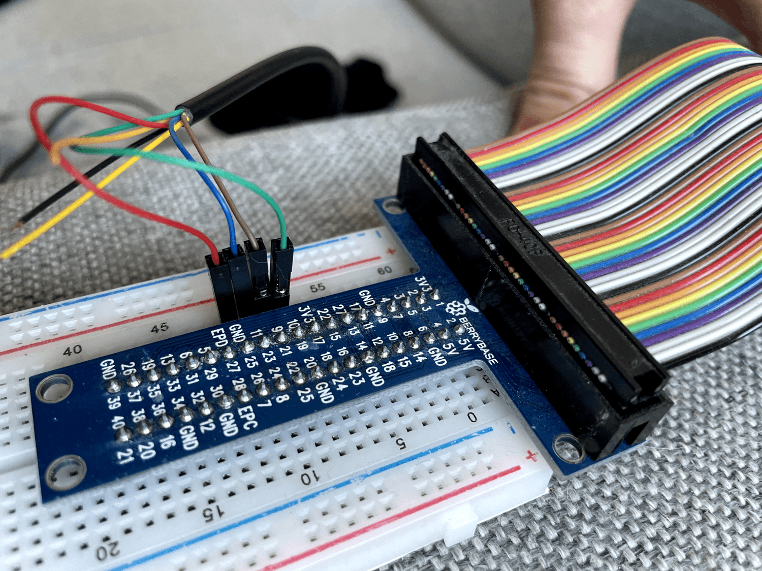 The printer is connected to the Raspberry Pi using the link cable and a T-Cobbler on a bread board.